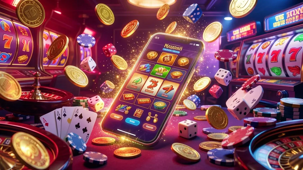 Glowing smartphone surrounded by casino coins, chips, dice, cards, and symbols