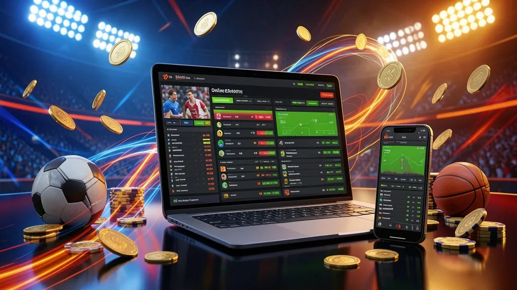 Laptop and smartphone showing multi-sport betting markets with stadium lighting