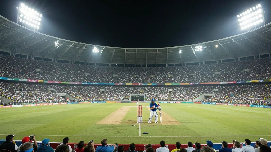 Cricket batsman ready at crease in floodlit stadium
