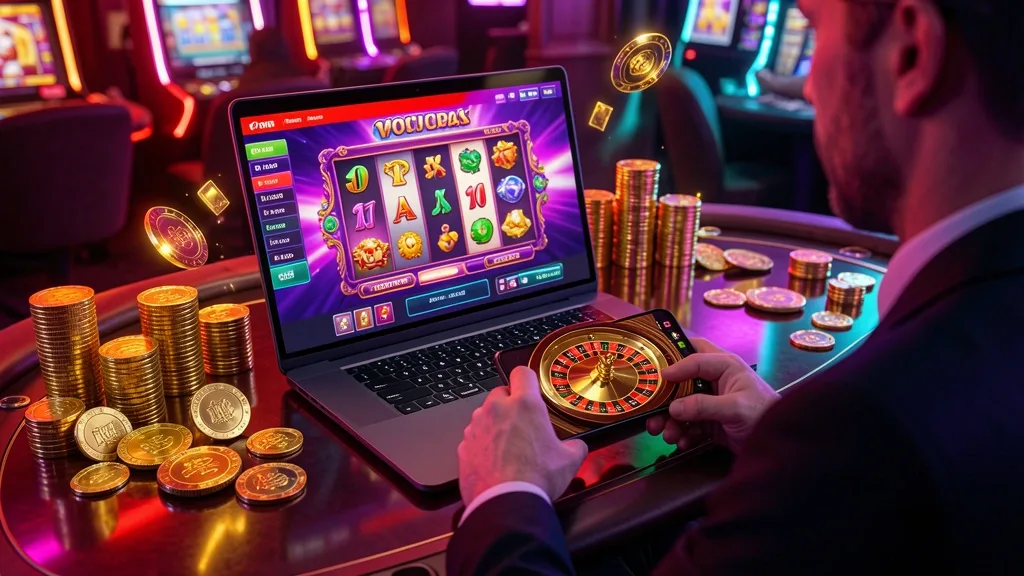 Player using laptop and smartphone for colorful online casino games