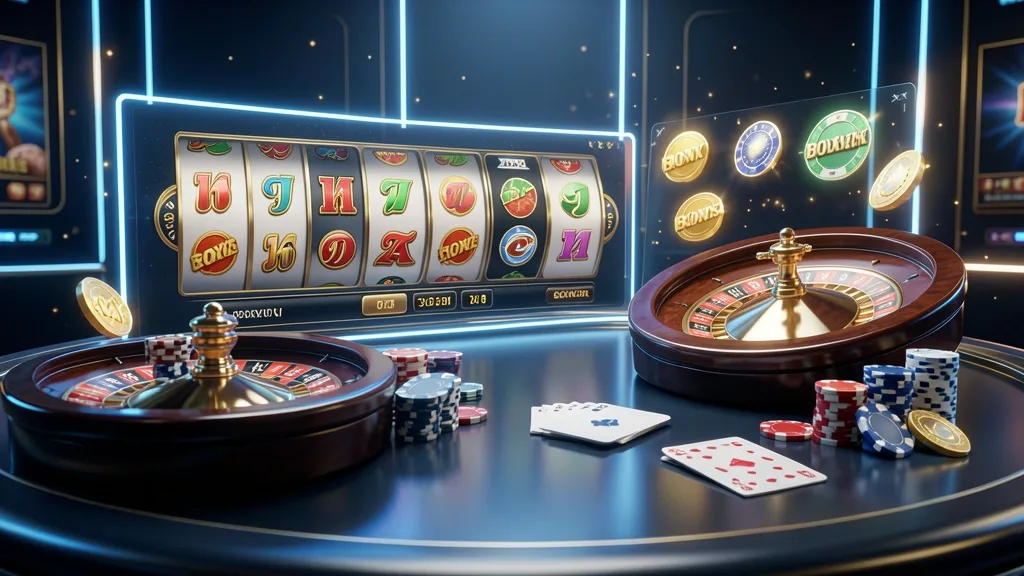 Digital casino platform featuring slot reels, roulette, cards, and bonus symbols
