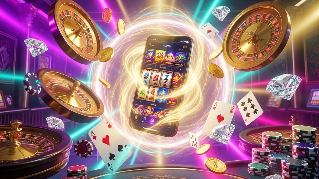 Smartphone portal surrounded by floating roulette wheels, coins, cards, and chips