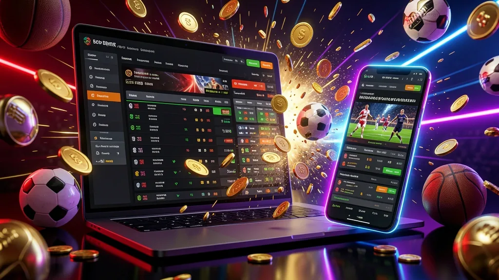 Laptop and smartphone displaying sports betting interfaces with football and basketball elements