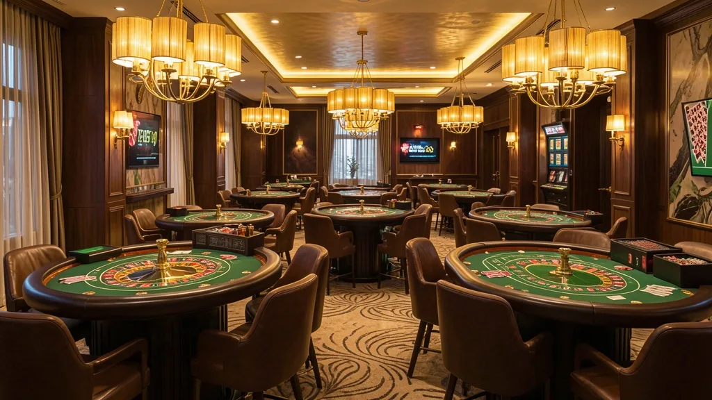 Luxurious casino hall with glowing roulette and card tables