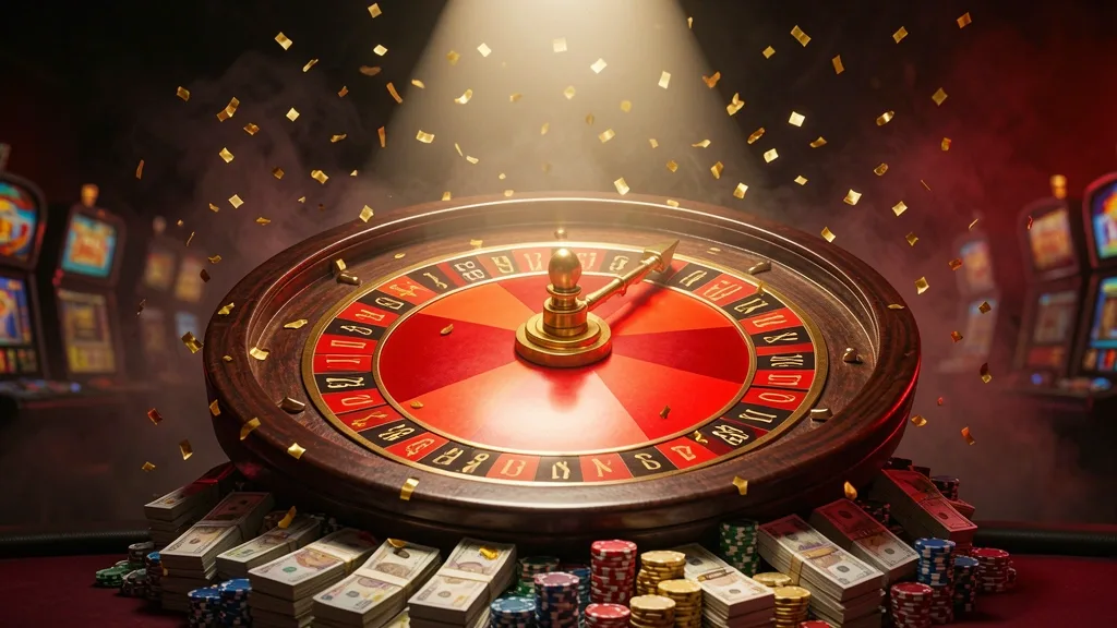 Fortune wheel stopping on red sector amid coins and confetti