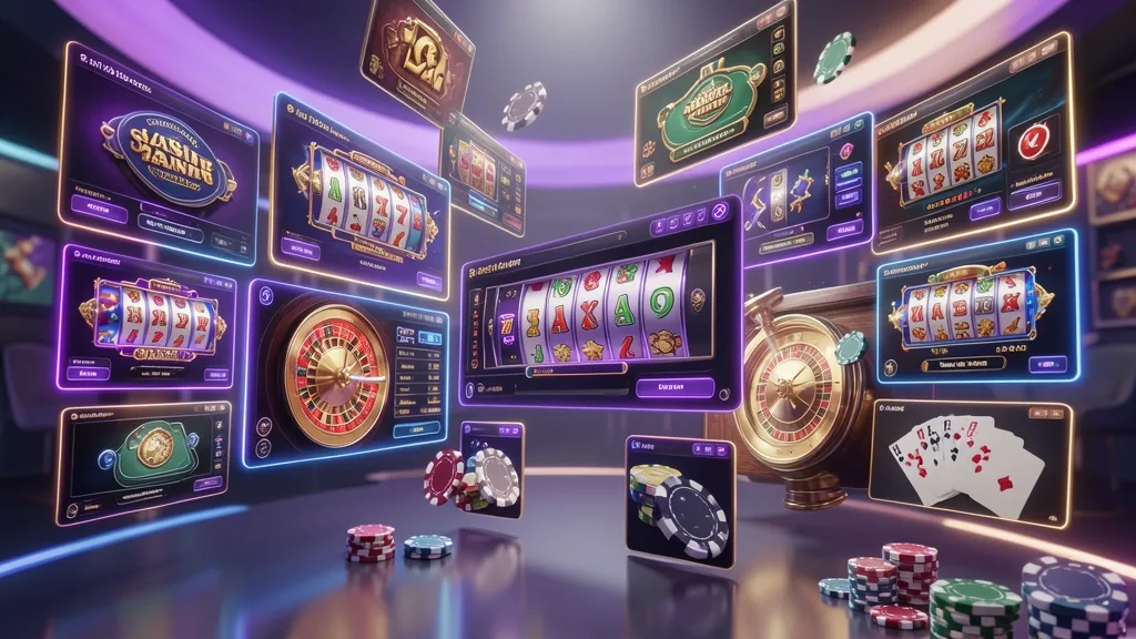 Floating online casino game windows with slots, roulette, chips, and cards