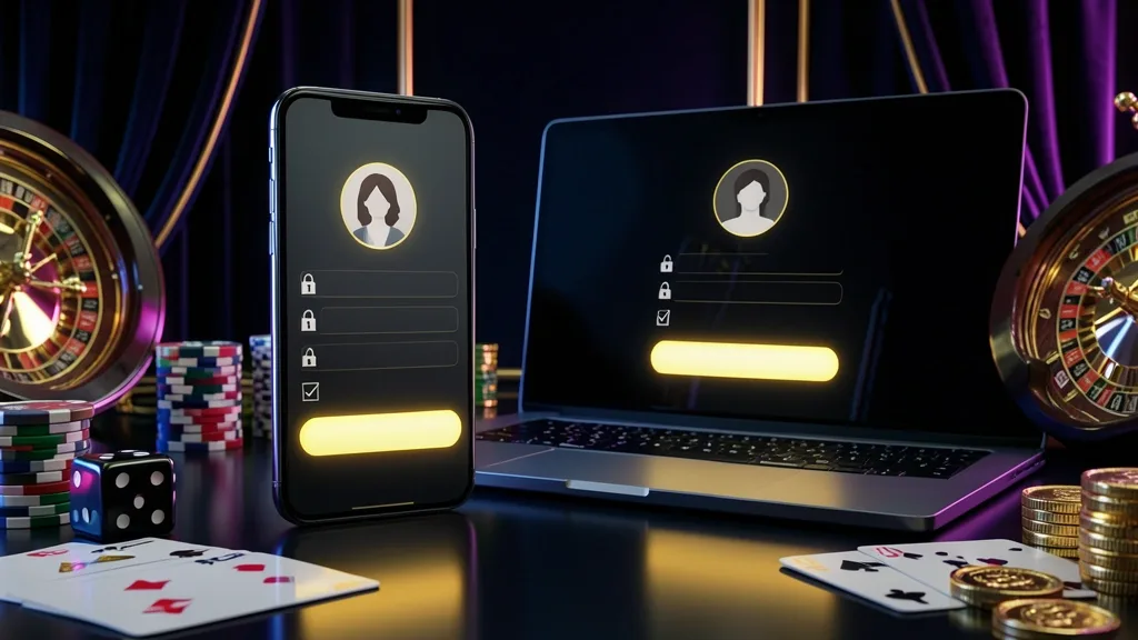 Smartphone and laptop displaying casino login interfaces among chips and coins