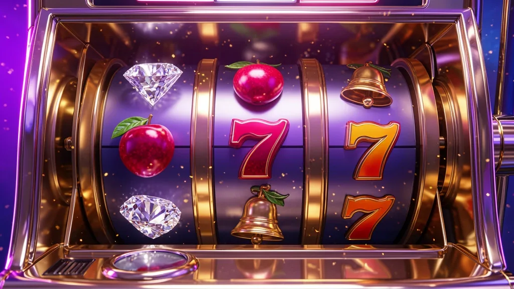 Golden slot machine reels showing diamonds, fruits, bells, and sevens