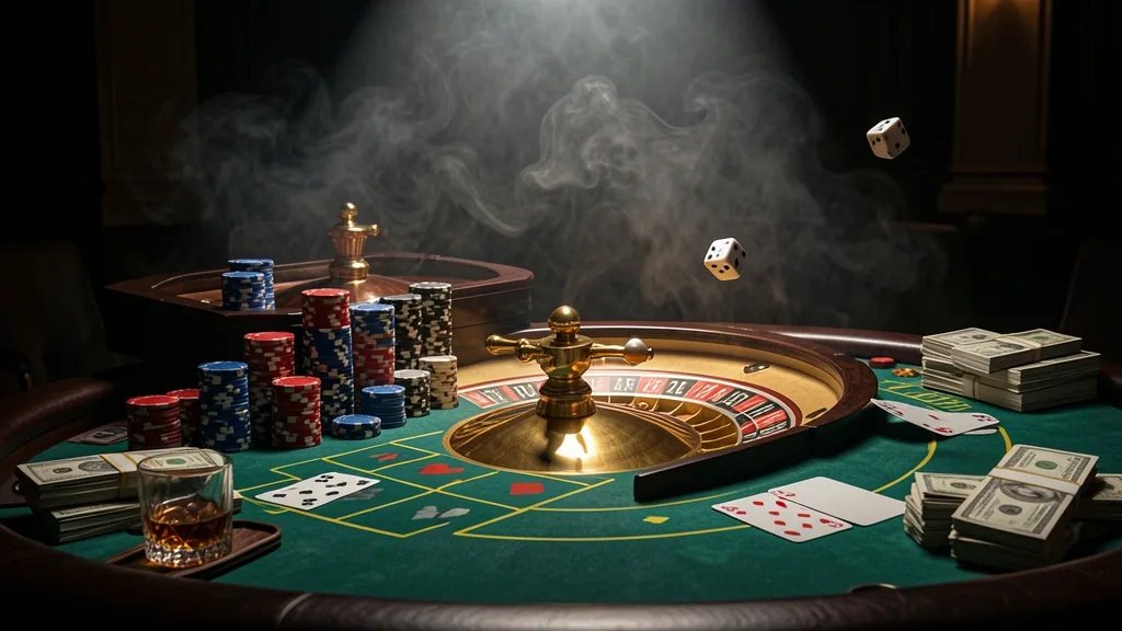 Golden roulette wheel surrounded by chips, cards, dice, cash, and whiskey