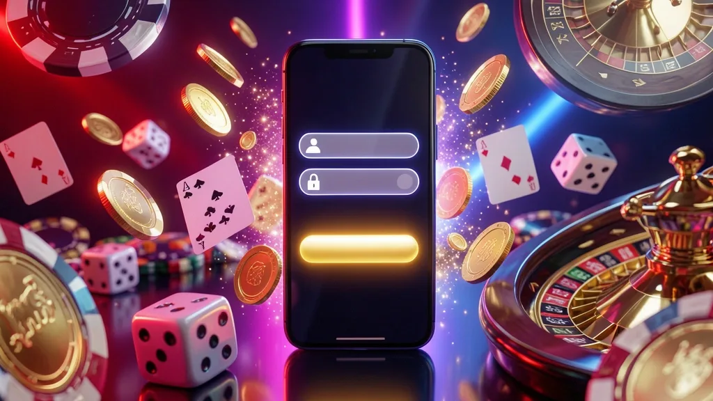 Smartphone displaying casino login interface surrounded by chips, cards, dice, and coins