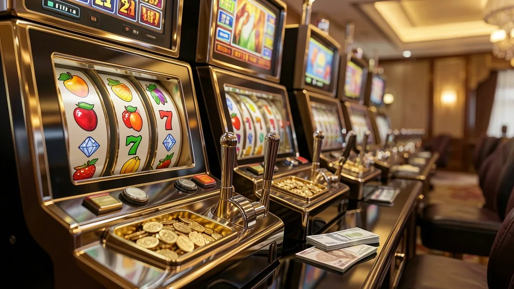 Luxury slot machines with fruit reels, coins, and banknotes